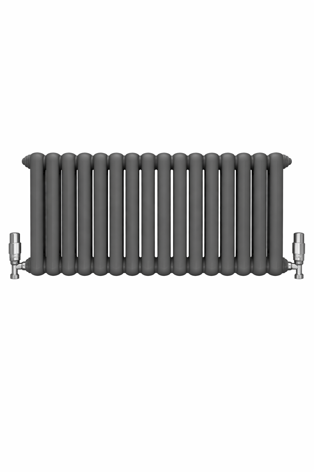 Gray radiator on a white background iron cast round column tube 