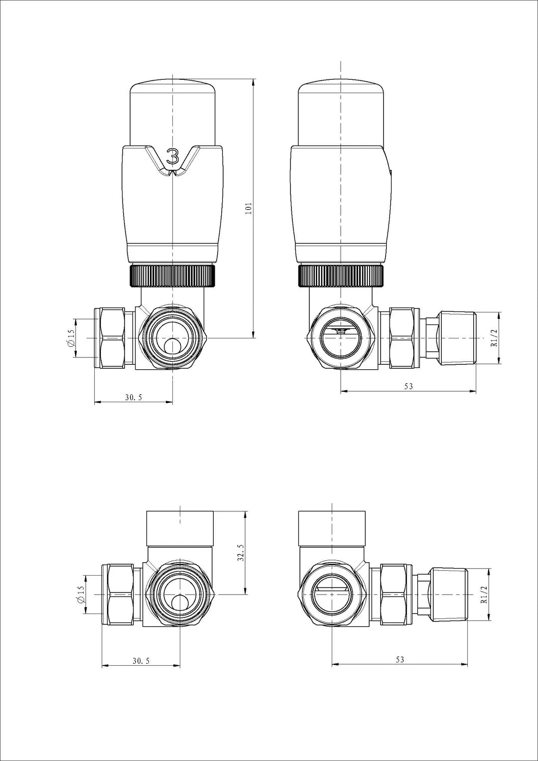 Corner Thermostatic Radiator Valves – 15mm TRV & Lockshield Set