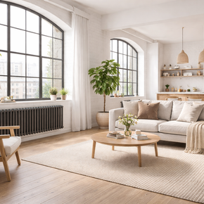 Modern living room with a white sofa, coffee table, and large windows. Modern Nordic Industrial or Soft Industrial Scandinavian