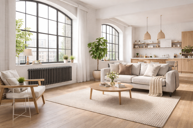 Modern living room with a white sofa, coffee table, and large windows. Modern Nordic Industrial or Soft Industrial Scandinavian