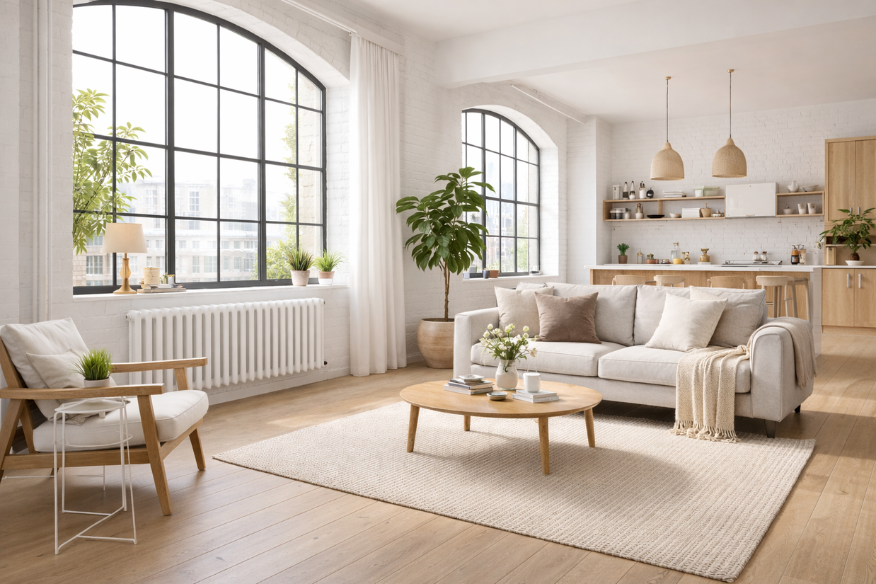 Modern living room with horizonal radiator white sofa, wooden coffee table, and large windows. Modern Nordic Industrial or Soft Industrial Scandinavian