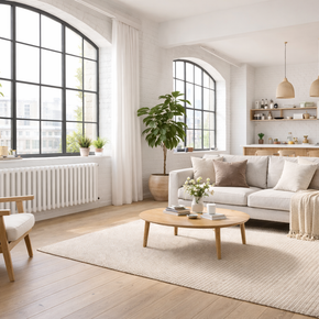 Modern living room with horizonal radiator white sofa, wooden coffee table, and large windows. Modern Nordic Industrial or Soft Industrial Scandinavian