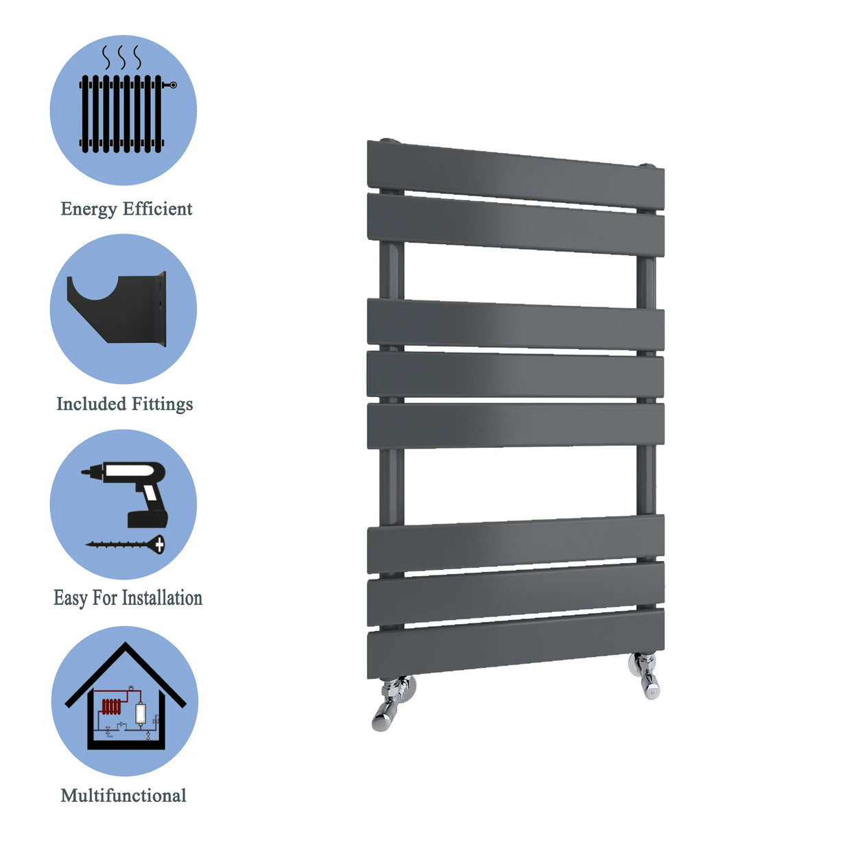 Flat Panel heated Towel Rail Radiator – Designer Finish | 1.6mm Steel | 25-Year Warranty | BS EN 442 - Choice of Size