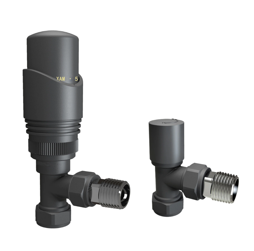 Thermostatic Angled Radiator Valves  set black valves with threaded connections on a white background