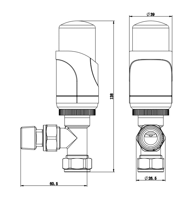 Thermostatic Angled Radiator Valves – 15mm BSP | modern TRV & Lockshield Set