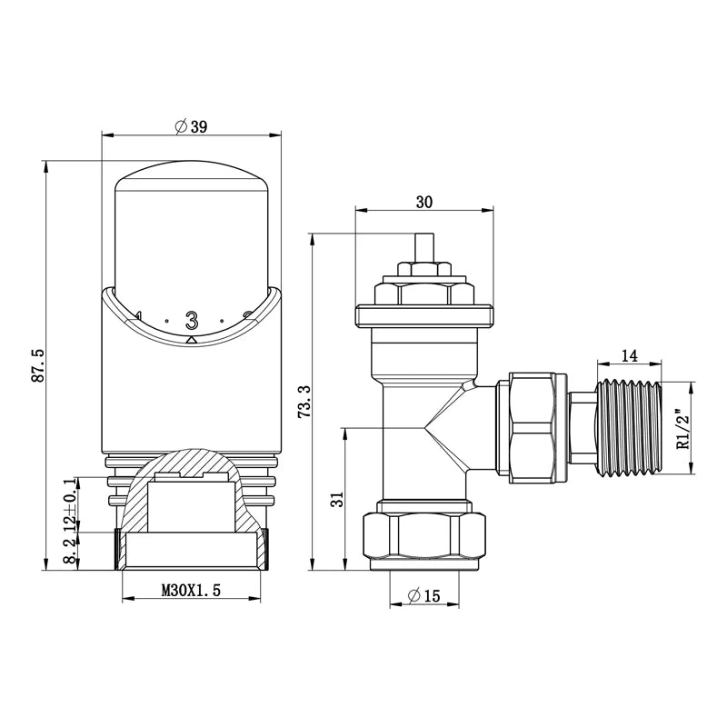 Thermostatic Angled Radiator Valves – 15mm BSP | modern TRV & Lockshield Set