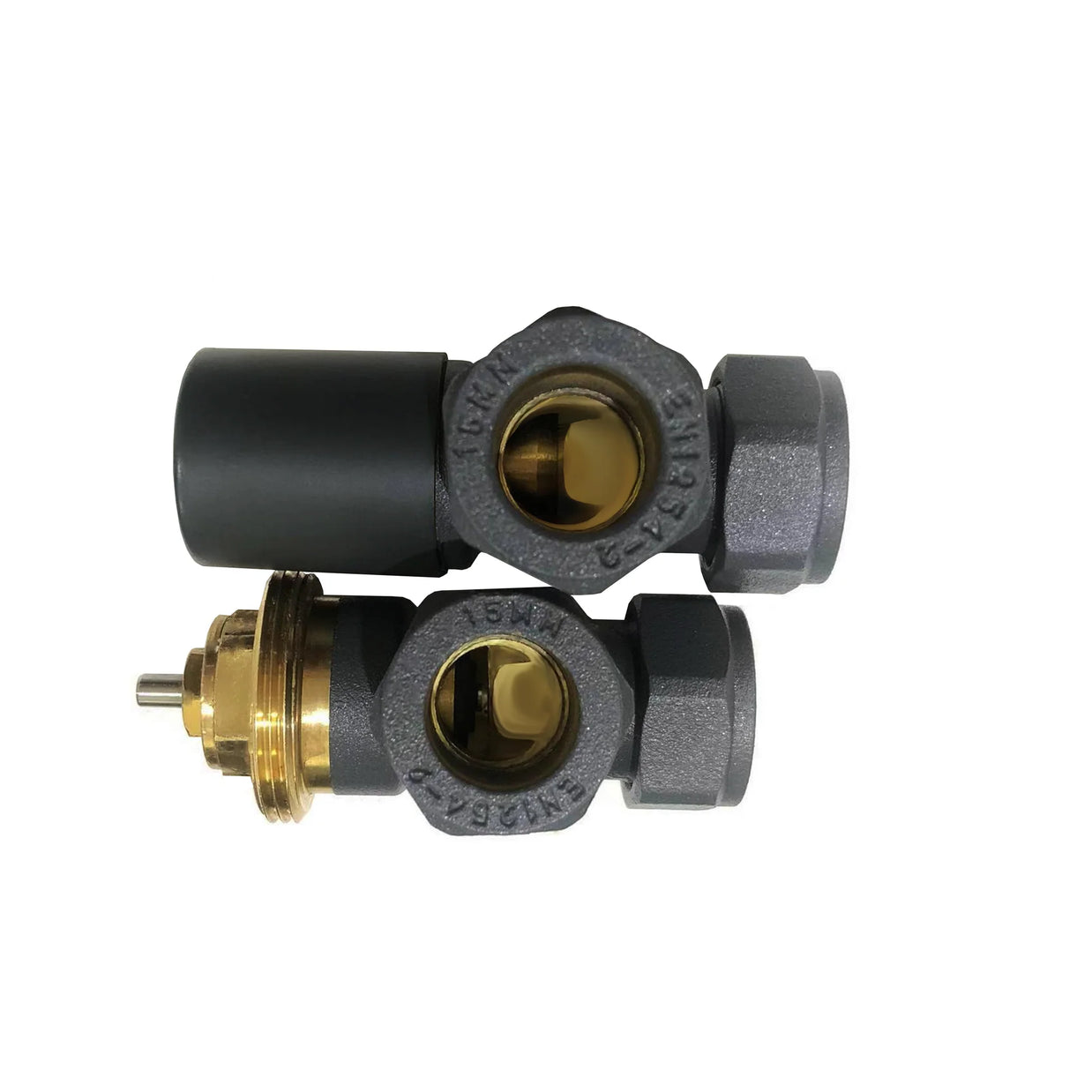 Thermostatic Angled Radiator Valves – 15mm BSP | modern TRV & Lockshield Set