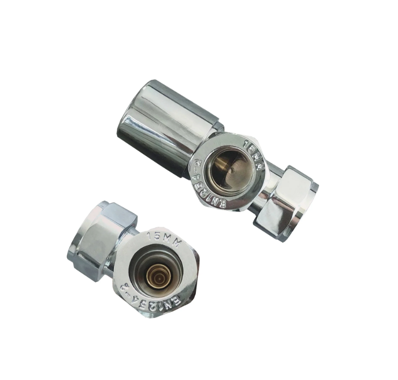 Thermostatic Angled Radiator Valves – 15mm BSP | modern TRV & Lockshield Set