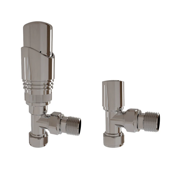 Thermostatic Angled Radiator Valves – 15mm BSP | modern TRV & Lockshield Set