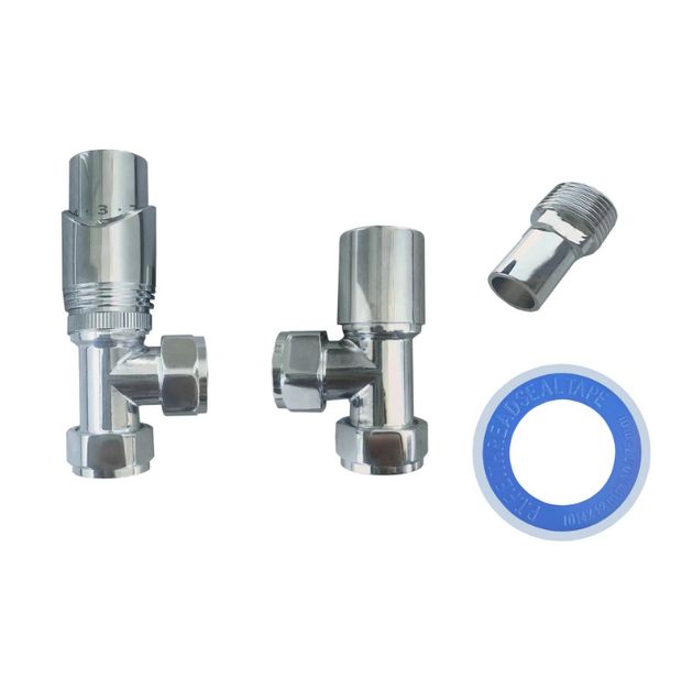 Thermostatic Angled Radiator Valves – 15mm BSP | modern TRV & Lockshield Set
