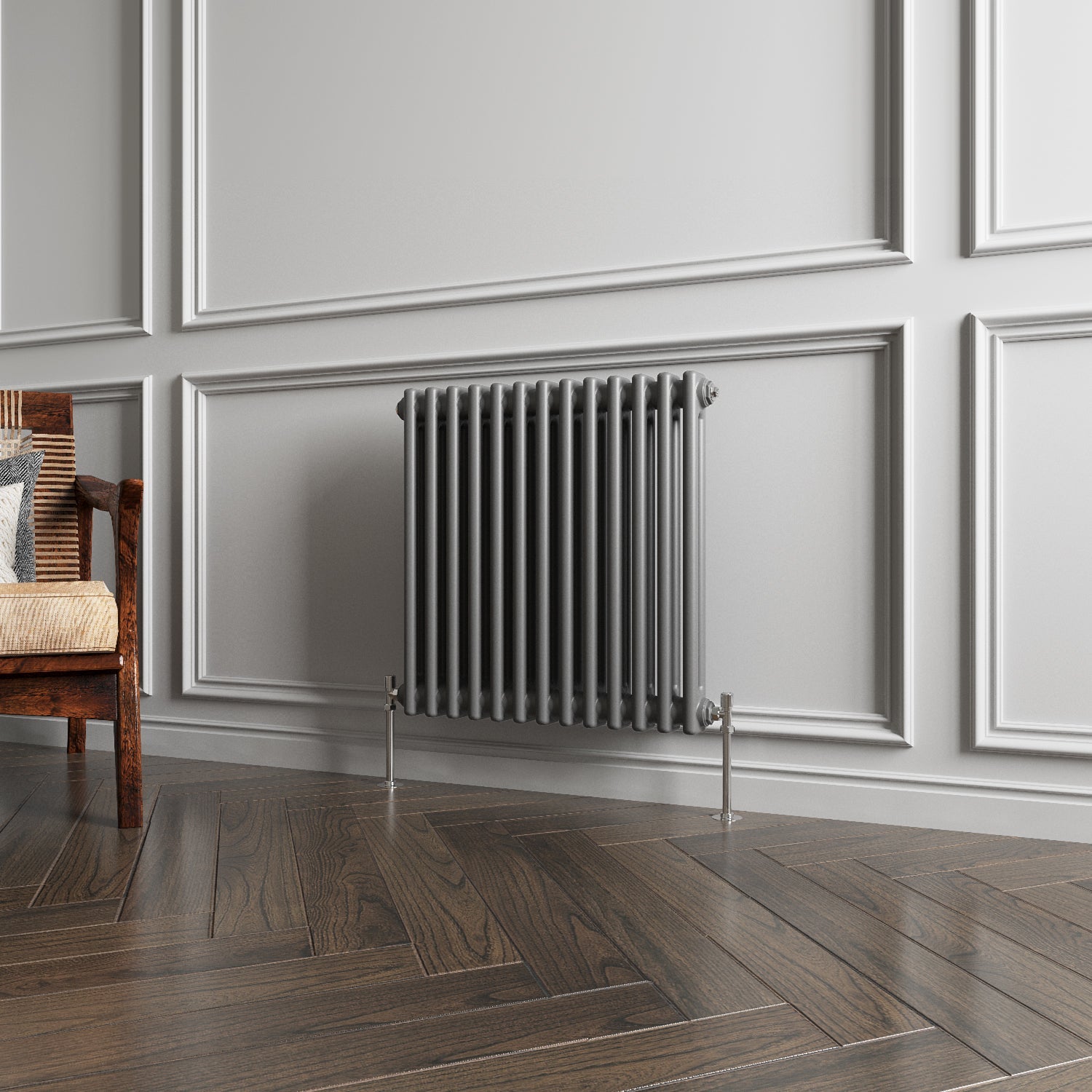 Decorative radiator on a wall with wooden flooring and a chair.