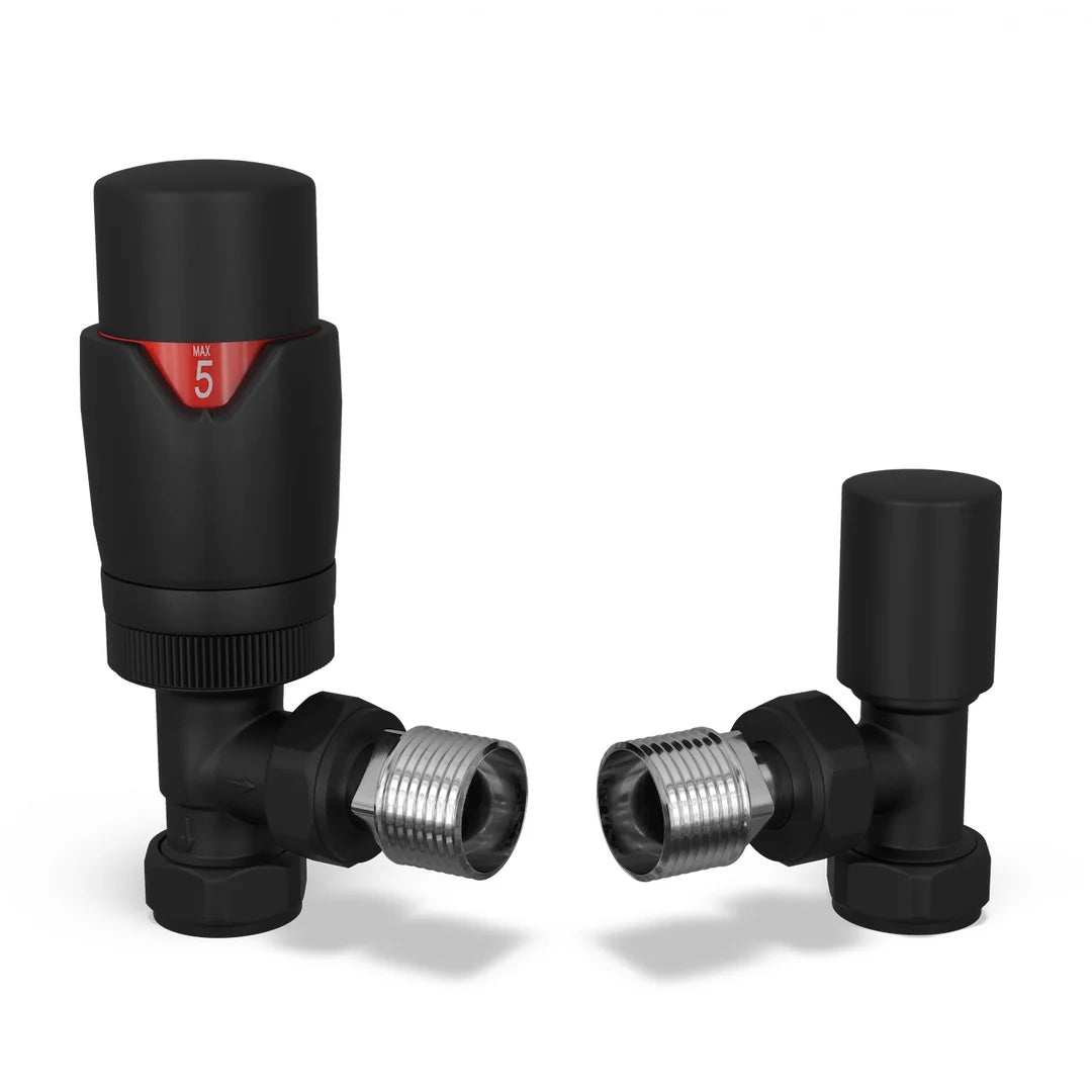 Thermostatic Angled Radiator Valves – 15mm BSP | TRV & Lockshield Set 4 Colors