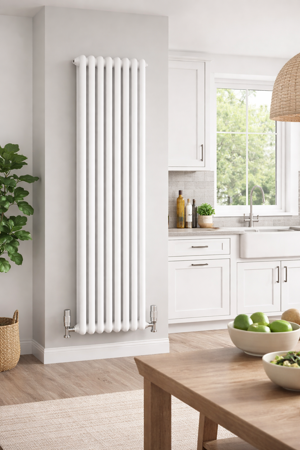 White vertical radiator in a modern kitchen tall space saving radiator