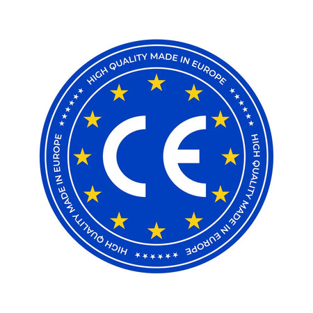 CE certification logo with blue border and yellow stars on a white background