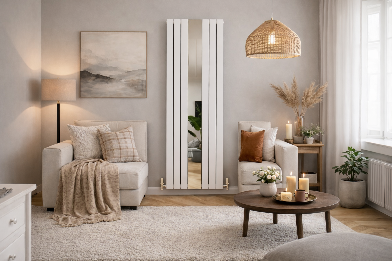 Modern mirror radiator living room with white furniture, decorative plants, and a tall mirror.