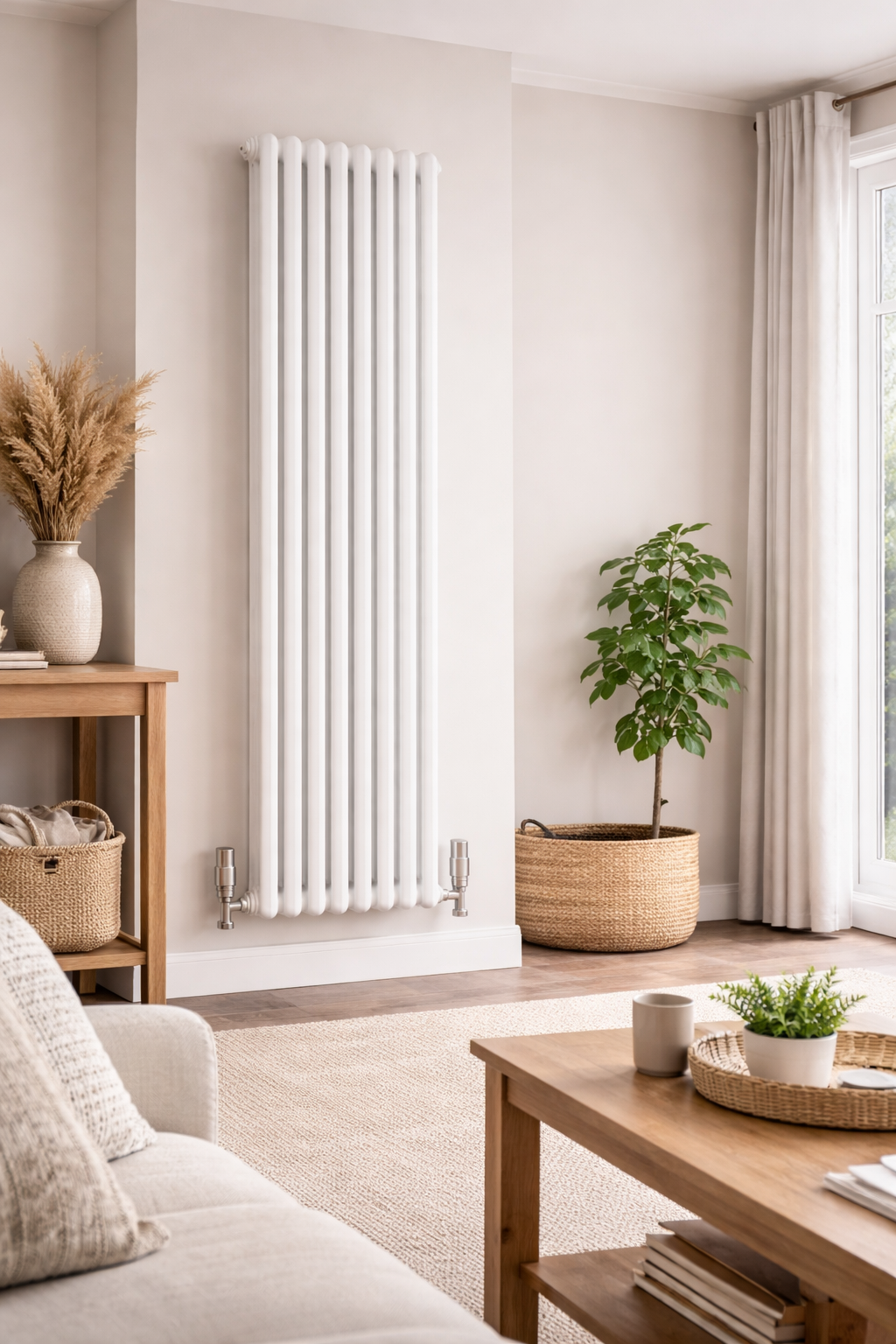 Modern living room with a white radiator,  and decorative designer radiator wall mounted. home renovation. 