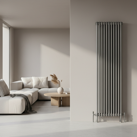 Modern radiator on a wall next to a sofa in a minimalistic living room
