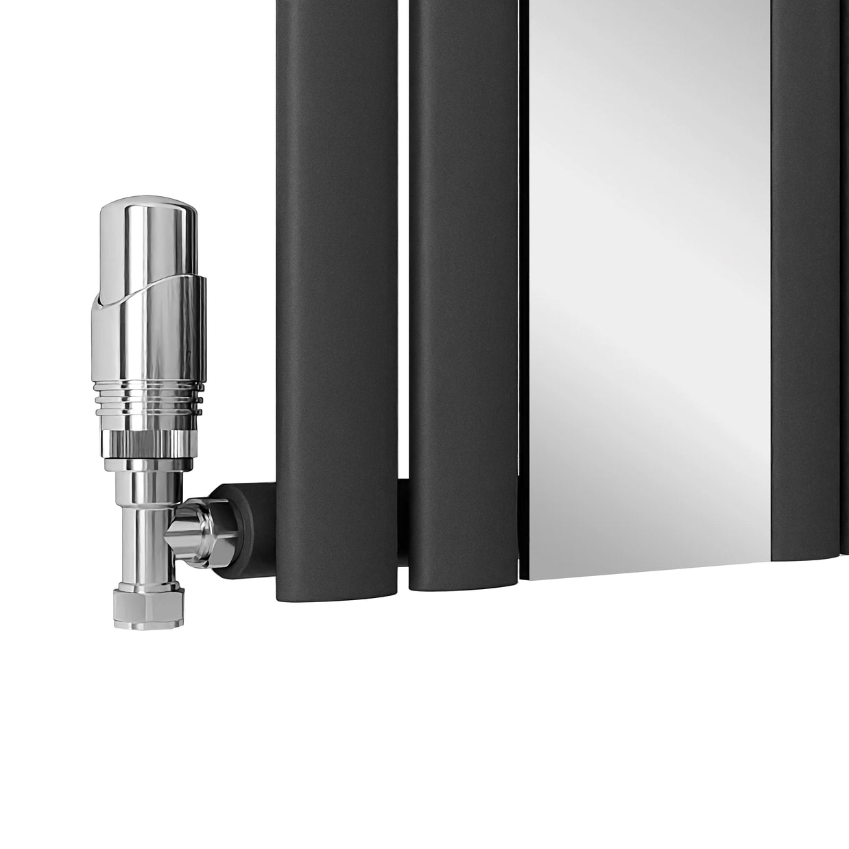 Black radiator with a chrome valve on a white background