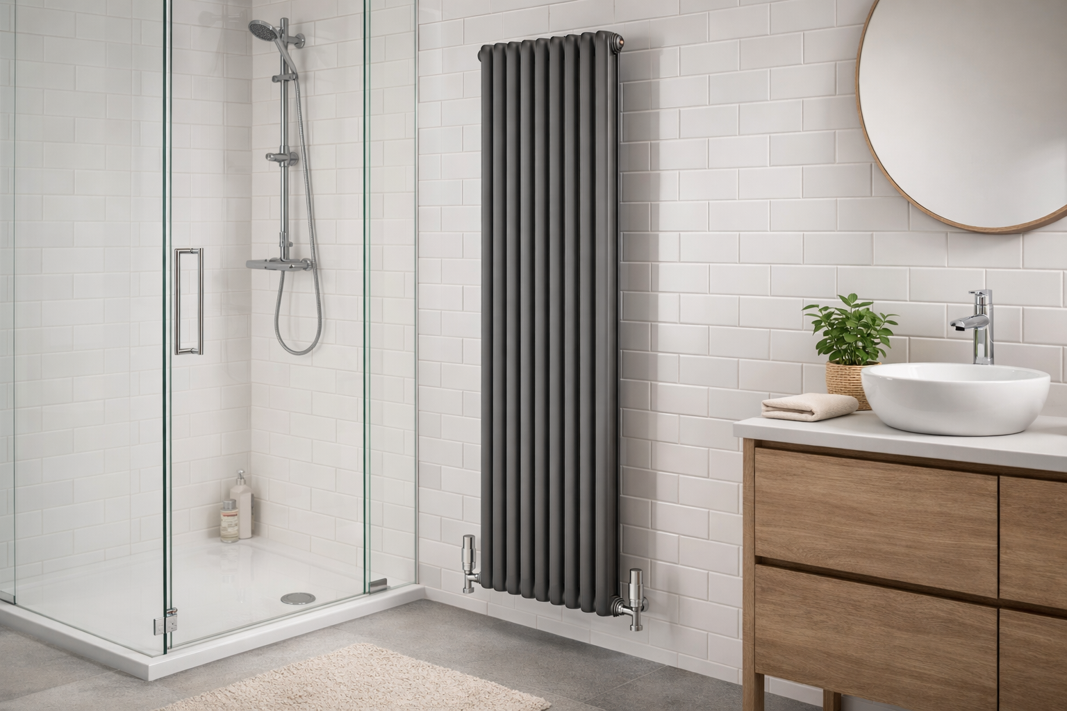 Bathroom with a shower, radiator vertical tall oval panel standing heat
