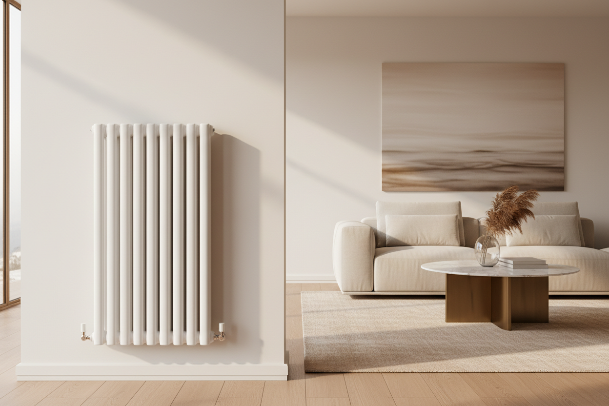 white radaitor in a 极简＋轻奢家居电商风 -实物拍摄清晰、光感偏暖，不要杂乱背景 living room