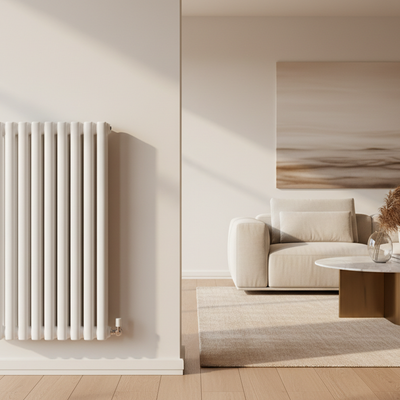 white radaitor in a 极简＋轻奢家居电商风 -实物拍摄清晰、光感偏暖，不要杂乱背景 living room