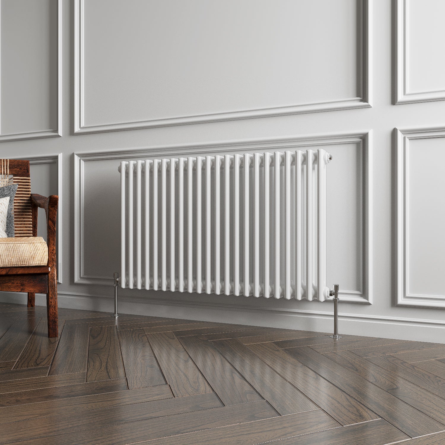 White radiator on a wall with wooden flooring and a chair.