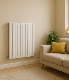 White radiator on a beige wall next to a beige  cosy living room bedroom 