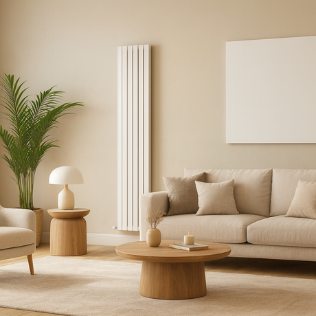 Modern radiator living room with beige sofa, armchair, and coffee table.